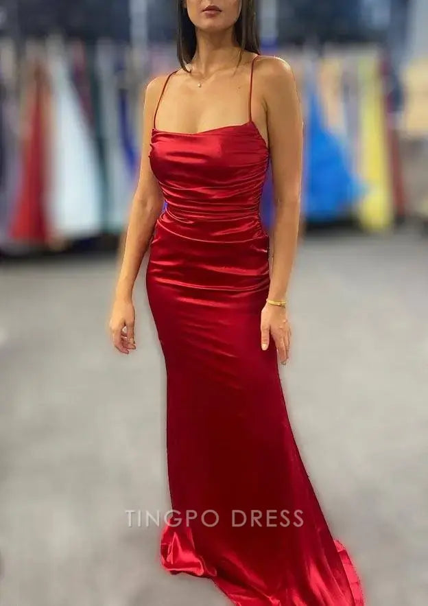 TingPo Wholesale Elegant Sheath/Column Bateau Spaghetti Straps Long/Floor-Length Charmeuse Prom Dress With Pleated